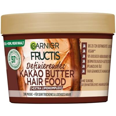 Garnier Fructis definierende Kakao Butter Haarmaske, Leave-In für trockenes und lockiges Haar, Für gebändigtes, Geschmeidiges Haar, Mit Sonnenblumenöl, Jojobaöl, Kokosnussöl, Hairfood, 3in1, 400ml Garnier Fructis definierende Kakao Butter Haarmaske, Leave-In für trockenes und lockiges Haar, Für gebändigtes, Geschmeidiges Haar, Mit Sonnenblumenöl, Jojobaöl, Kokosnussöl, Hairfood, 3in1, 400ml