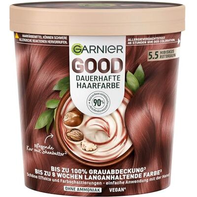 Garnier GOOD Dauerhafte Haarfarbe 5.5 Hibiskus Rotbraun – Coloration ohne Ammoniak, bis zu 100% Grauabdeckung, 1 Stk. Garnier GOOD Dauerhafte Haarfarbe 5.5 Hibiskus Rotbraun – Coloration ohne Ammoniak, bis zu 100% Grauabdeckung, 1 Stk.
