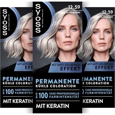 Syoss Coloration 12_59 Kühles Platinblond (115 ml), permanente Coloration mit Keratin verleiht einen kühlen Farbton für bis zu 100 Tage professionelle Farbintensität, mit Anti-Gelbstich-Effekt Syoss Coloration 12_59 Kühles Platinblond (115 ml), permanente Coloration mit Keratin verleiht einen kühlen Farbton für bis zu 100 Tage professionelle Farbintensität, mit Anti-Gelbstich-Effekt