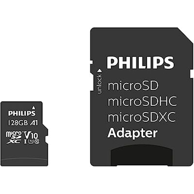 Philips Ultra Speed microSDXC Card 128 GB + SD Adapter UHS-I U1, Lesegeschwindigkeit bis zu 80 MB/s, A1 Fast App Performance, V10, Speicherkarte für Smartphones, Tablet, PC, Card Reader, Full HD Video Philips Ultra Speed microSDXC Card 128 GB + SD Adapter UHS-I U1, Lesegeschwindigkeit bis zu 80 MB/s, A1 Fast App Performance, V10, Speicherkarte für Smartphones, Tablet, PC, Card Reader, Full HD Video