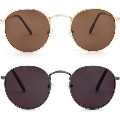 OPULIZE Sol Sonnenbrille 2er Pack Dünner Rand Runde Retro-Metallfassungen Kratzfest Getönte Linse UV400-Schutz Metallgrau Schwarze Gold Braun Herren Damen SS94-79 OPULIZE Sol Sonnenbrille 2er Pack Dünner Rand Runde Retro-Metallfassungen Kratzfest Getönte Linse UV400-Schutz Metallgrau Schwarze Gold Braun Herren Damen SS94-79
