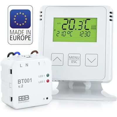 Elektrobock BT731 Funk-Raumthermostat mit Empfänger Standfuß Reichweite bis 35 m Für elektrische Heizung und Infrarotheizung Wochenprogramme und Frostschutz, Weiß Elektrobock BT731 Funk-Raumthermostat mit Empfänger Standfuß Reichweite bis 35 m Für elektrische Heizung und Infrarotheizung Wochenprogramme und Frostschutz, Weiß
