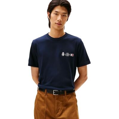Tommy Hilfiger Herren T-Shirt Kurzarm Small Crest Outline mit Rundhalsausschnitt, Blau (Desert Sky), S Tommy Hilfiger Herren T-Shirt Kurzarm Small Crest Outline mit Rundhalsausschnitt, Blau (Desert Sky), S