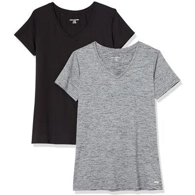 Amazon Essentials Damen Active Quick Dry Tech Stretch Kurzarm-T-Shirt mit V-Ausschnitt (in Übergröße erhältlich), 2er-Pack, Kohlegrau Space-dye/Schwarz, L Amazon Essentials Damen Active Quick Dry Tech Stretch Kurzarm-T-Shirt mit V-Ausschnitt (in Übergröße erhältlich), 2er-Pack, Kohlegrau Space-dye/Schwarz, L