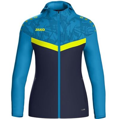 JAKO Damen Kapuzenjacke Iconic, Marine/ blau/Neongelb, 38 JAKO Damen Kapuzenjacke Iconic, Marine/ blau/Neongelb, 38