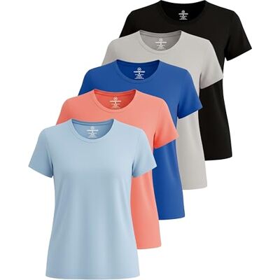 Real Essentials 5er-Pack: Kurzärmeliges Damen-T-Shirt, Workout-Top, Fitness, Pilates, Fitnessstudio, Sportbekleidung (Plus erhältlich), Set 10, Mittel Real Essentials 5er-Pack: Kurzärmeliges Damen-T-Shirt, Workout-Top, Fitness, Pilates, Fitnessstudio, Sportbekleidung (Plus erhältlich), Set 10, Mittel