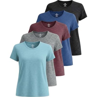 Real Essentials 5er-Pack: Kurzärmeliges Damen-T-Shirt, Workout-Top, Fitness, Pilates, Fitnessstudio, Sportbekleidung (Plus erhältlich), Set 8, Groß Real Essentials 5er-Pack: Kurzärmeliges Damen-T-Shirt, Workout-Top, Fitness, Pilates, Fitnessstudio, Sportbekleidung (Plus erhältlich), Set 8, Groß