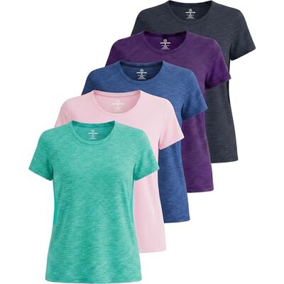 Real Essentials 5er-Pack: Damen Dry Fit Tech Stretch Kurzarm Rundhals Athletic T-Shirt, Set 15, Large Real Essentials 5er-Pack: Damen Dry Fit Tech Stretch Kurzarm Rundhals Athletic T-Shirt, Set 15, Large