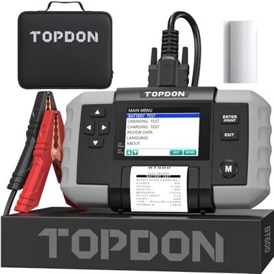 TOPDON BT600 Batterietester KFZ 12V 24V, 100-2000 CCA Autobatterie Tester mit Drucker, 3,5 Zoll Farbbildschirm, 5,9 Fuß Kabel, Mini-USB für Software-Update, Verfügbar für Heimwerker und Profis TOPDON BT600 Batterietester KFZ 12V 24V, 100-2000 CCA Autobatterie Tester mit Drucker, 3,5 Zoll Farbbildschirm, 5,9 Fuß Kabel, Mini-USB für Software-Update, Verfügbar für Heimwerker und Profis