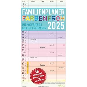 Alpha Familienplaner Farbenfroh 2025 Familientimer, 22x45cm, Familienkalender mit 4 Spalten für Termine, viel Platz für Notizmöglichkeiten, Ferientermine DE/AT/CH, deutsches Kalendarium Alpha Familienplaner Farbenfroh 2025 Familientimer, 22x45cm, Familienkalender mit 4 Spalten für Termine, viel Platz für Notizmöglichkeiten, Ferientermine DE/AT/CH, deutsches Kalendarium