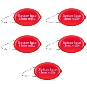 FISURA – Ovale Münzbörse aus Gummi “Better Late” in Rosa. Retro-Geldbörse mit Kette, Mini-Geldtasche für unterwegs, Unisex Accessoire und witzige Geschenkidee. 5 Stück. FISURA – Ovale Münzbörse aus Gummi “Better Late” in Rosa. Retro-Geldbörse mit Kette, Mini-Geldtasche für unterwegs, Unisex Accessoire und witzige Geschenkidee. 5 Stück.