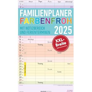 Alpha Familienplaner Farbenfroh 2025 Familientimer, 26x45cm, Familienkalender mit 5 Spalten für Termine, viel Platz für Notizmöglichkeiten, Ferientermine DE/AT/CH, deutsches Kalendarium Alpha Familienplaner Farbenfroh 2025 Familientimer, 26x45cm, Familienkalender mit 5 Spalten für Termine, viel Platz für Notizmöglichkeiten, Ferientermine DE/AT/CH, deutsches Kalendarium