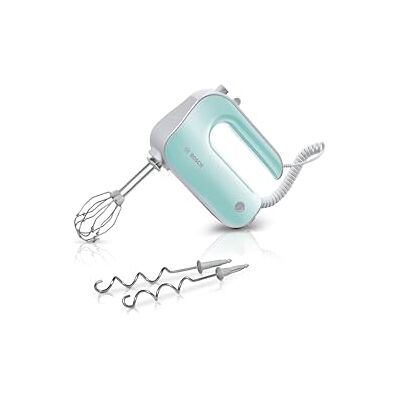 Bosch Handrührgerät, 2 Rührbesen, 2 Edelstahl-Knethaken, spülmaschinenfest, 5 Stufen plus Turbostufe, leicht, 500 W, farbig, türkis/silber, MFQ40302 Bosch Handrührgerät, 2 Rührbesen, 2 Edelstahl-Knethaken, spülmaschinenfest, 5 Stufen plus Turbostufe, leicht, 500 W, farbig, türkis/silber, MFQ40302