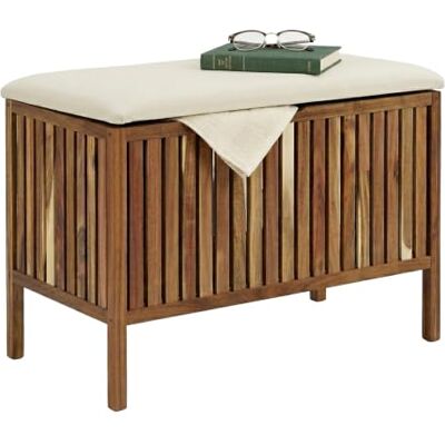 Relaxdays Wäschetruhe mit Sitz, Badbank mit Stauraum, braun/weiß 80 l Wäschesammler, HBT 56x78x39cm, Akazienholz, Stoff Relaxdays Wäschetruhe mit Sitz, Badbank mit Stauraum, braun/weiß 80 l Wäschesammler, HBT 56x78x39cm, Akazienholz, Stoff