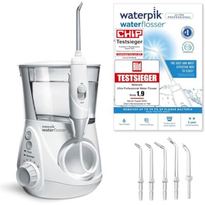 Waterpik Ultra Professional Munddusche, Testsieger 2026, Precision Pulse Technology, TÜV Siegel, bis zu 99,9 Prozent Plaque Entfernung, 6x Aufsätze, 10x individuelle Modi, integrierter Timer, weiß Waterpik Ultra Professional Munddusche, Testsieger 2026, Precision Pulse Technology, TÜV Siegel, bis zu 99,9 Prozent Plaque Entfernung, 6x Aufsätze, 10x individuelle Modi, integrierter Timer, weiß