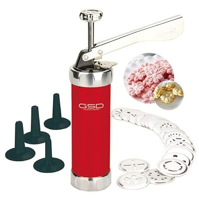GSD Metall-Gebäckpresse – Mit 20 Matrizen, 4 Spritztüllen und Spezialverstellung, für individuelle Kekse und kreative Backideen, Rot GSD Metall-Gebäckpresse – Mit 20 Matrizen, 4 Spritztüllen und Spezialverstellung, für individuelle Kekse und kreative Backideen, Rot
