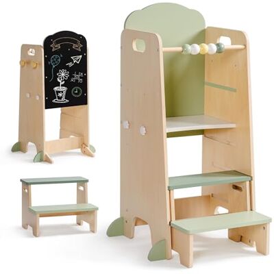 ROBUD 2-in-1 Montessori Lernturm für Kinder mit Kreidetafel & Aufhängern, Höhenverstellbar, Abnehmbarer Tritthocker, Küchenhelfer aus Holz ab 2 Jahren ROBUD 2-in-1 Montessori Lernturm für Kinder mit Kreidetafel & Aufhängern, Höhenverstellbar, Abnehmbarer Tritthocker, Küchenhelfer aus Holz ab 2 Jahren