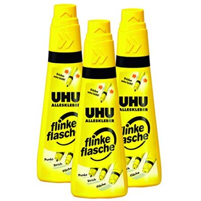 UHU Alleskleber flinke flasche, Glasklarer Alleskleber in der einzigartigen Flasche mit Drehklebekopf, 3 x 35 g UHU Alleskleber flinke flasche, Glasklarer Alleskleber in der einzigartigen Flasche mit Drehklebekopf, 3 x 35 g