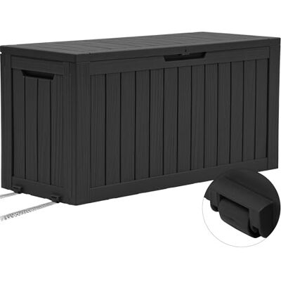 YITAHOME Outdoor-Aufbewahrungsbox mit Rollen, 270L Kunststoff-Gartenbox, Wetterfeste Aufbewahrungskiste für Kissen, Werkzeug & Poolzubehör, Abschließbar, Holzoptik, 114,7 x 46,5 x 57,6 cm, Schwarz YITAHOME Outdoor-Aufbewahrungsbox mit Rollen, 270L Kunststoff-Gartenbox, Wetterfeste Aufbewahrungskiste für Kissen, Werkzeug & Poolzubehör, Abschließbar, Holzoptik, 114,7 x 46,5 x 57,6 cm, Schwarz