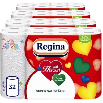 Regina mit Herzen Haushaltstücher 32 Rollen-Packung (8 x 4 Einzelpackungen), 43 Blatt 3-Lagig, Super Saugfähig, Dick, Beständig, FSC Papier Regina mit Herzen Haushaltstücher 32 Rollen-Packung (8 x 4 Einzelpackungen), 43 Blatt 3-Lagig, Super Saugfähig, Dick, Beständig, FSC Papier