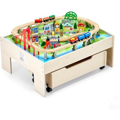 VEVOR Holz Aktivitätstisch, 100-teilig, Eisenbahntisch mit rollender Schublade, 3-in-1-Holzeisenbahn-Set zum Spielen, Malen, Lesen, Essen, kreatives Spielzeug-Set für Kinder ab 3 Jahren VEVOR Holz Aktivitätstisch, 100-teilig, Eisenbahntisch mit rollender Schublade, 3-in-1-Holzeisenbahn-Set zum Spielen, Malen, Lesen, Essen, kreatives Spielzeug-Set für Kinder ab 3 Jahren