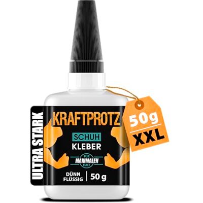 KRAFTPROTZ Schuhkleber extra stark dünnflüssig – 50 g XXL Sekundenkleber wasserfest, hitzebeständig & transparent – Superkleber für Schuhe, Sneaker, Sohlen, Leder, Textil – mit Dosierspitze KRAFTPROTZ Schuhkleber extra stark dünnflüssig – 50 g XXL Sekundenkleber wasserfest, hitzebeständig & transparent – Superkleber für Schuhe, Sneaker, Sohlen, Leder, Textil – mit Dosierspitze