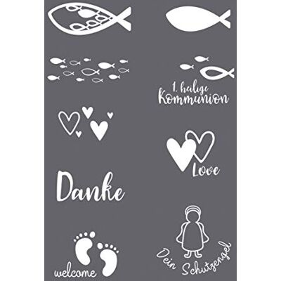 Rayher 45134000 Siebdruck-Schablone Anlass (Geburt, Kommunion, Hochzeit), A5, 1 Schablone mit 9 Motiven + 1 Rakel, für tolle Prints auf Textil, Holz, Beton etc, Farblos Rayher 45134000 Siebdruck-Schablone Anlass (Geburt, Kommunion, Hochzeit), A5, 1 Schablone mit 9 Motiven + 1 Rakel, für tolle Prints auf Textil, Holz, Beton etc, Farblos