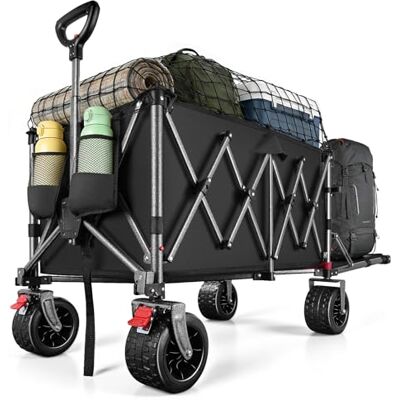 YEAUPE PRO Faltbarer Bollerwagen mit Feststellbremse – All-Terrain-Großräder, öffnendes Heck für Lange Gegenstände und Spanngurtnetz für Camping, Strand, Garten, Matt-schwarz, 200-300L YEAUPE PRO Faltbarer Bollerwagen mit Feststellbremse – All-Terrain-Großräder, öffnendes Heck für Lange Gegenstände und Spanngurtnetz für Camping, Strand, Garten, Matt-schwarz, 200-300L