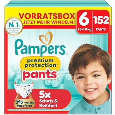 Pampers Premium Protection Pants Größe 6, 152 Windeln,13kg-19kg, mit 360° Passform und weichen Anti-Auslaufbündchen für unseren besten Komfort und Schutz Pampers Premium Protection Pants Größe 6, 152 Windeln,13kg-19kg, mit 360° Passform und weichen Anti-Auslaufbündchen für unseren besten Komfort und Schutz