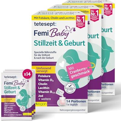 tetesept Femi Baby Stillzeit & Geburt 3 x 14 Sachets I Folsäure, Vitamin D, B, Cholin, Lecithin, Zink + mehr I Nährstoffe & Vitamine für Mama & Kind Vegan, Glutenfrei, Laktosefrei, Zuckerfrei tetesept Femi Baby Stillzeit & Geburt 3 x 14 Sachets I Folsäure, Vitamin D, B, Cholin, Lecithin, Zink + mehr I Nährstoffe & Vitamine für Mama & Kind Vegan, Glutenfrei, Laktosefrei, Zuckerfrei