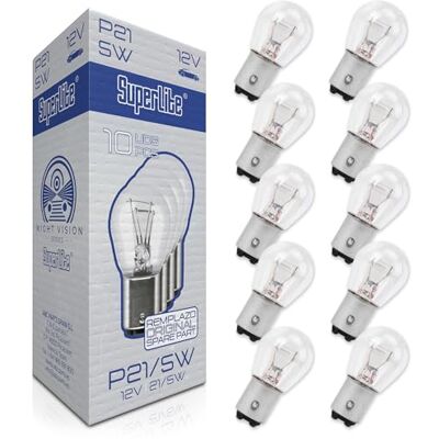 Superlite Satz mit 10 P21/5W-Halogen-Hilfslampen aus der Night Vision-Reihe. E1 R37/03-Zulassung sowie RoHs und CE-Zertifizierung. Außergewöhnliche Langlebigkeit und Helligkeit. Superlite Satz mit 10 P21/5W-Halogen-Hilfslampen aus der Night Vision-Reihe. E1 R37/03-Zulassung sowie RoHs und CE-Zertifizierung. Außergewöhnliche Langlebigkeit und Helligkeit.