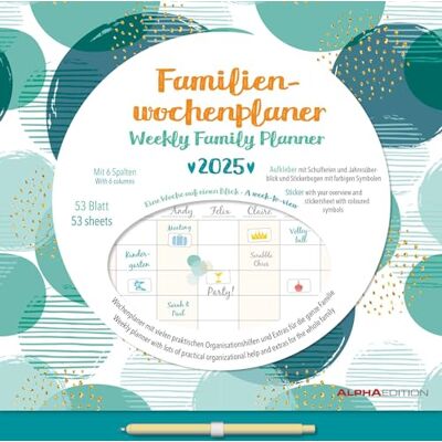 Alpha Familien Wochenkalender Dots 2025, 30,5x30,5cm, Wochenplaner mit 6 Spalten für Termine, Tasche für lose Notizen, Kalenderwochen, internationales Kalendarium Alpha Familien Wochenkalender Dots 2025, 30,5x30,5cm, Wochenplaner mit 6 Spalten für Termine, Tasche für lose Notizen, Kalenderwochen, internationales Kalendarium