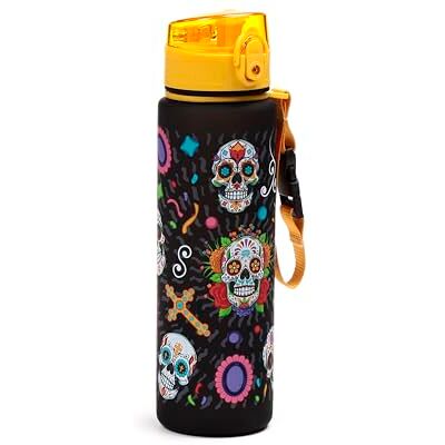 Puckator Bruchsichere Trinkflasche mit Ausgießer, 600 ml, mexikanischer Totenkopf Day of the Dead, BPA-frei, Soft Touch Puckator Bruchsichere Trinkflasche mit Ausgießer, 600 ml, mexikanischer Totenkopf Day of the Dead, BPA-frei, Soft Touch