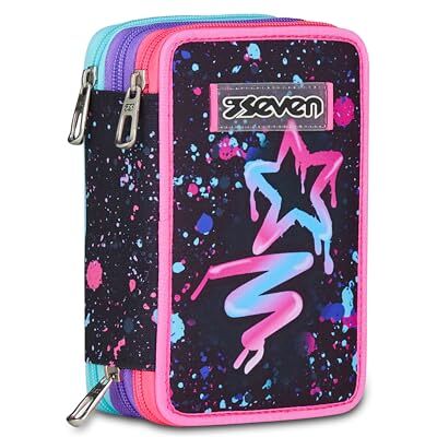 Seven Federmäppchen Kinder, Mäppchen Mädchen mit Inhalt, Federtasche Schule 3 Fächer, Schüleretui, groß mit Blei- und Filzstiften, schwarz/rosa Seven Federmäppchen Kinder, Mäppchen Mädchen mit Inhalt, Federtasche Schule 3 Fächer, Schüleretui, groß mit Blei- und Filzstiften, schwarz/rosa