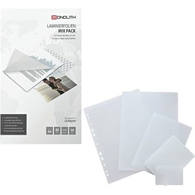 Monolith 8991A00002 Mix Pack Laminierfolien, Set aus 5 verschiedenen Folien, 80 mic im 50er Pack, Hüllen zum Laminieren, hochglänzend und transparent Monolith 8991A00002 Mix Pack Laminierfolien, Set aus 5 verschiedenen Folien, 80 mic im 50er Pack, Hüllen zum Laminieren, hochglänzend und transparent