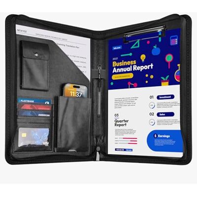 GUYUCOM Schreibmappe A4 mit Klemmbrett & Reißverschluss, Premium Konferenzmappe aus PU Leder, Dokumentenmappe Organizer für Business, Büro, Reise, Klemmbrettmappe, Geschenk für Herren & Damen, Schwarz GUYUCOM Schreibmappe A4 mit Klemmbrett & Reißverschluss, Premium Konferenzmappe aus PU Leder, Dokumentenmappe Organizer für Business, Büro, Reise, Klemmbrettmappe, Geschenk für Herren & Damen, Schwarz