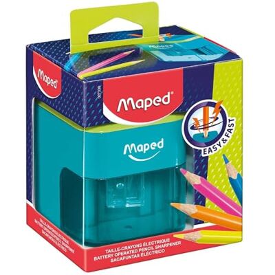 Maped Elektrischer Bleistiftspitzer, batteriebetrieben, 1 Loch, Standarddurchmesser 6-8 mm, automatischer und schneller Anspitzer, mit Reservoir zweifarbig Maped Elektrischer Bleistiftspitzer, batteriebetrieben, 1 Loch, Standarddurchmesser 6-8 mm, automatischer und schneller Anspitzer, mit Reservoir zweifarbig