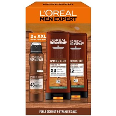 L'Oreal Paris L'Oréal Men Expert Barber-Geschenk-Set für Männer, mit XXL Duschgel und Deo Spray, Mit ätherischem Zedernholzöl, Herren Geschenkset, Barber Club,2 x 400 ml, 1 x 150 ml L'Oreal Paris L'Oréal Men Expert Barber-Geschenk-Set für Männer, mit XXL Duschgel und Deo Spray, Mit ätherischem Zedernholzöl, Herren Geschenkset, Barber Club,2 x 400 ml, 1 x 150 ml