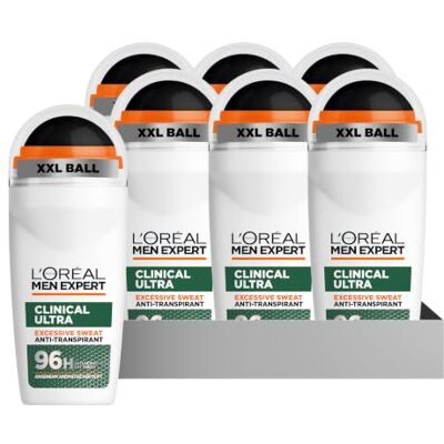 L'Oréal Men Expert 96H Dry Touch, Deoroller für Männer, Deo Roll-On gegen übermäßiges Schwitzen und Körpergeruch, Herren Anti-Transpirant Deo, aromatischer Duft, 0% Alkohol, Clinical Ultra, 6x 50ml L'Oréal Men Expert 96H Dry Touch, Deoroller für Männer, Deo Roll-On gegen übermäßiges Schwitzen und Körpergeruch, Herren Anti-Transpirant Deo, aromatischer Duft, 0% Alkohol, Clinical Ultra, 6x 50ml