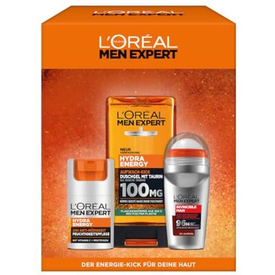 L'Oreal Paris L'Oréal Men Expert Pflegeset für Männer, Geschenkset mit Gesichtscreme 24H Anti-Müdigkeit, Duschgel & Anti Transpirant Deo Roll-On, Hydra Energy, Invincible Man, 1 x 50ml, 1 x 50ml, 2 x 250ml L'Oreal Paris L'Oréal Men Expert Pflegeset für Männer, Geschenkset mit Gesichtscreme 24H Anti-Müdigkeit, Duschgel & Anti Transpirant Deo Roll-On, Hydra Energy, Invincible Man, 1 x 50ml, 1 x 50ml, 2 x 250ml