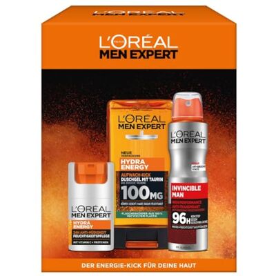 L'Oreal Paris L'Oréal Men Expert Pflegeset für Männer, Geschenkset mit Gesichtscreme 24H Anti-Müdigkeit, Duschgel & Anti-Transpirant Deo Spray, Hydra Energy, Invincible Man, 1 x 50 ml, 1 x 150 ml, 1 x 250ml L'Oreal Paris L'Oréal Men Expert Pflegeset für Männer, Geschenkset mit Gesichtscreme 24H Anti-Müdigkeit, Duschgel & Anti-Transpirant Deo Spray, Hydra Energy, Invincible Man, 1 x 50 ml, 1 x 150 ml, 1 x 250ml
