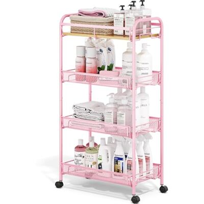 KINGRACK 4-Stöckiger Küchenwagen mit Rollen, Rollwagen Metall, Verschiebbarer Aufbewahrungswagen mit Holzplatte und Gitterkorb Ideal für Enge Räume in Haus und Küche, Badezimmern, Rosa KINGRACK 4-Stöckiger Küchenwagen mit Rollen, Rollwagen Metall, Verschiebbarer Aufbewahrungswagen mit Holzplatte und Gitterkorb Ideal für Enge Räume in Haus und Küche, Badezimmern, Rosa