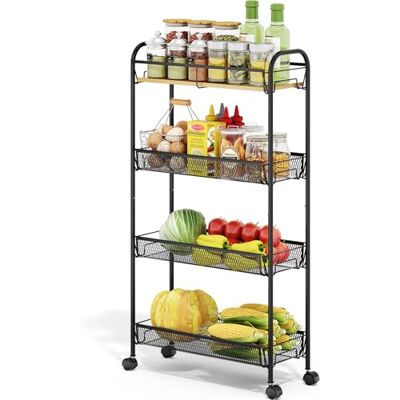 KINGRACK 4-Stufen Schmaler Küchenwagen mit Rollen, Holzplatte & Schiebe-Körben, Rollwagen Metall für Enge Räume in Küche, Badezimmer, Wohnheim & Schlafzimmer, Schwarz KINGRACK 4-Stufen Schmaler Küchenwagen mit Rollen, Holzplatte & Schiebe-Körben, Rollwagen Metall für Enge Räume in Küche, Badezimmer, Wohnheim & Schlafzimmer, Schwarz