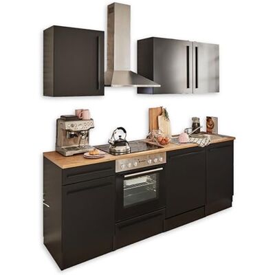 Stella Trading JAZZ 8 Moderne Küchenzeile ohne Elektrogeräte in Schwarz matt, Lanzelot Eiche Optik Geräumige Einbauküche mit viel Stauraum 220 x 211 x 60 cm (B/H/T) Stella Trading JAZZ 8 Moderne Küchenzeile ohne Elektrogeräte in Schwarz matt, Lanzelot Eiche Optik Geräumige Einbauküche mit viel Stauraum 220 x 211 x 60 cm (B/H/T)