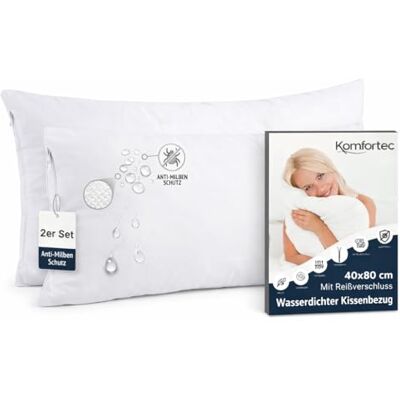 Komfortec Wasserdichter Kissenbezug 40x80 cm 2er Set mit Reißverschluss, Atmungsaktiv, Hypoallergen Kopfkissenbezüge 40x80, Anti-Milben, 2 Stück Kissenschoner 40x80, Weiß Komfortec Wasserdichter Kissenbezug 40x80 cm 2er Set mit Reißverschluss, Atmungsaktiv, Hypoallergen Kopfkissenbezüge 40x80, Anti-Milben, 2 Stück Kissenschoner 40x80, Weiß