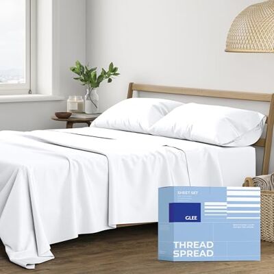 THREAD SPREAD Bettlaken-Set aus 100% Baumwolle für Queen-Size-Betten – 4-teilig mit Bettlaken, Spannbetttuch und 2 Kissenbezügen – weich, atmungsaktiv, kühlend THREAD SPREAD Bettlaken-Set aus 100% Baumwolle für Queen-Size-Betten – 4-teilig mit Bettlaken, Spannbetttuch und 2 Kissenbezügen – weich, atmungsaktiv, kühlend
