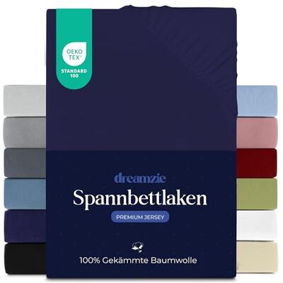Dreamzie Premium Spannbettlaken 180x200 cm, Spannbetttuch für Dicke Matratzen bis zu 27 cm, Bettlaken 100% Jersey Baumwolle, 150 g/m², Oeko-TEX Zertifiziert Dunkelblau Dreamzie Premium Spannbettlaken 180x200 cm, Spannbetttuch für Dicke Matratzen bis zu 27 cm, Bettlaken 100% Jersey Baumwolle, 150 g/m², Oeko-TEX Zertifiziert Dunkelblau