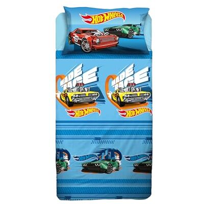 hermet Hotweels, Bettwäsche-Set für Einzelbett, Kinderbett, Bettlaken, Spannbettlaken, Kissenbezug, Hellblau, 100% Baumwolle, offizielles Produkt hermet Hotweels, Bettwäsche-Set für Einzelbett, Kinderbett, Bettlaken, Spannbettlaken, Kissenbezug, Hellblau, 100% Baumwolle, offizielles Produkt