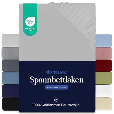 Dreamzie Premium Spannbettlaken 160x200 cm, Spannbetttuch für Dicke Matratzen bis zu 27 cm, Bettlaken 100% Jersey Baumwolle, 150 g/m², Oeko-TEX Zertifiziert Grau Dreamzie Premium Spannbettlaken 160x200 cm, Spannbetttuch für Dicke Matratzen bis zu 27 cm, Bettlaken 100% Jersey Baumwolle, 150 g/m², Oeko-TEX Zertifiziert Grau