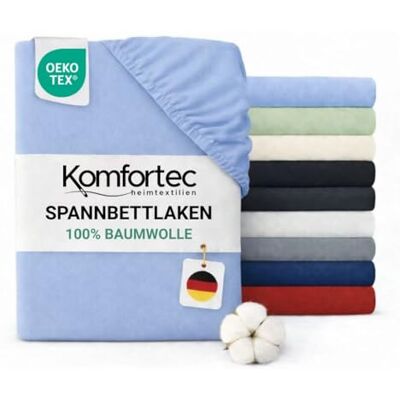 Komfortec Spannbettlaken Jersey 100% Baumwolle – 200x200 cm – 135g/m² – Weich, Atmungsaktiv & Hautfreundlich – Mit Rundumgummi – Oeko-Tex Zertifiziert – Für Boxspring, Topper & Matratzen – Hellblau Komfortec Spannbettlaken Jersey 100% Baumwolle – 200x200 cm – 135g/m² – Weich, Atmungsaktiv & Hautfreundlich – Mit Rundumgummi – Oeko-Tex Zertifiziert – Für Boxspring, Topper & Matratzen – Hellblau